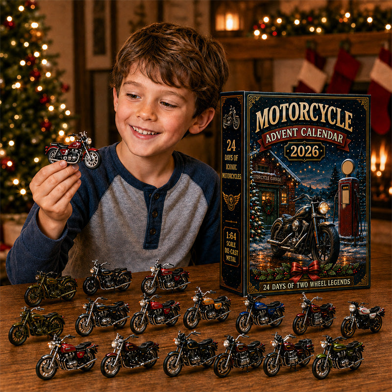 Child holding a motorcycle from Motorcycle Advent Calendar 2026