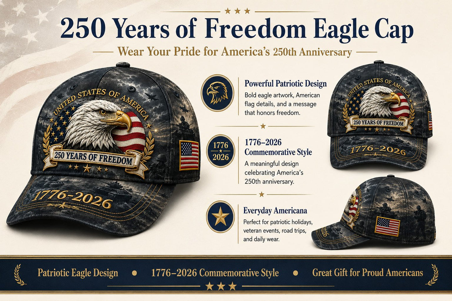 ✨2026 Architecturm®250 Years of Freedom Eagle Cap | Embroidered Patriotic Vintage Baseball Hat – 1776–2026 American Tribute Edition