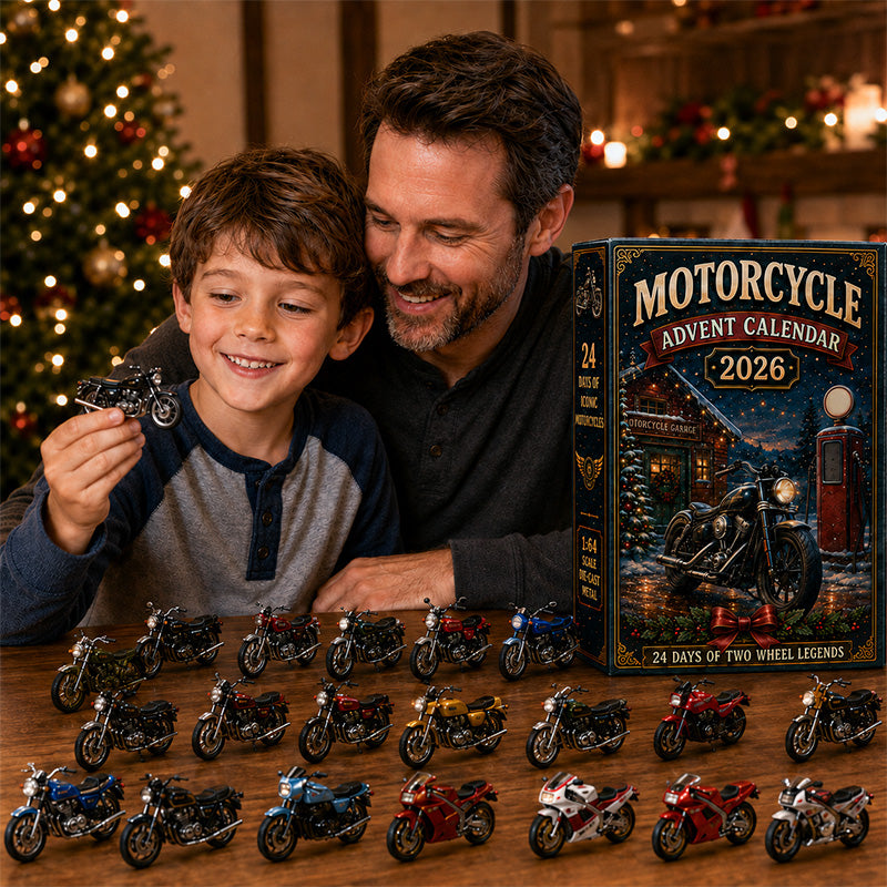 Father and child enjoying Motorcycle Advent Calendar together
