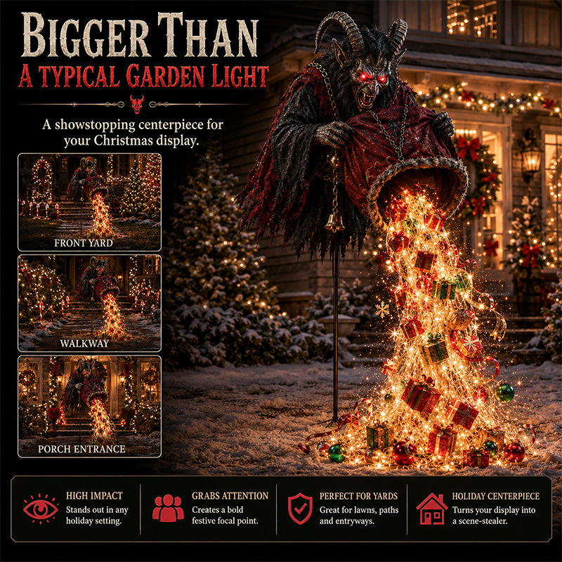 Krampus Gift Cascade shown in front yard walkway and porch entrance