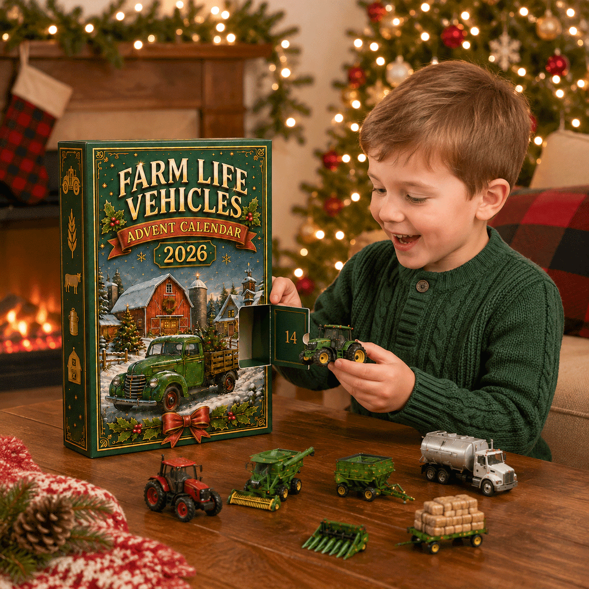 Child opening a tractor from the Farm Life Vehicles Advent Calendar