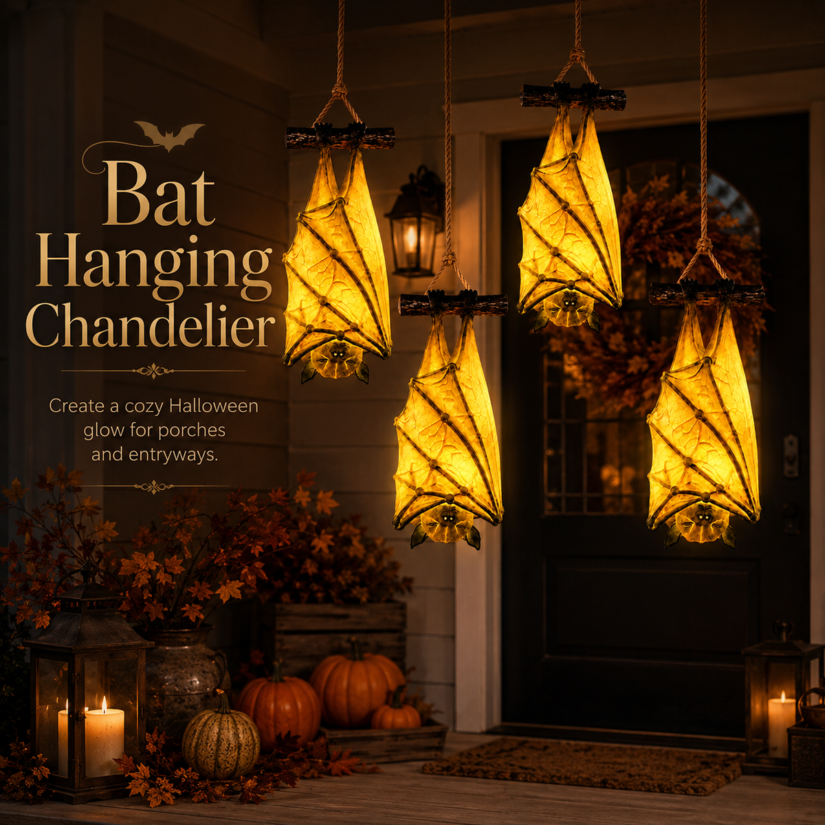 Glowing Bat Hanging Chandeliers over a Halloween porch