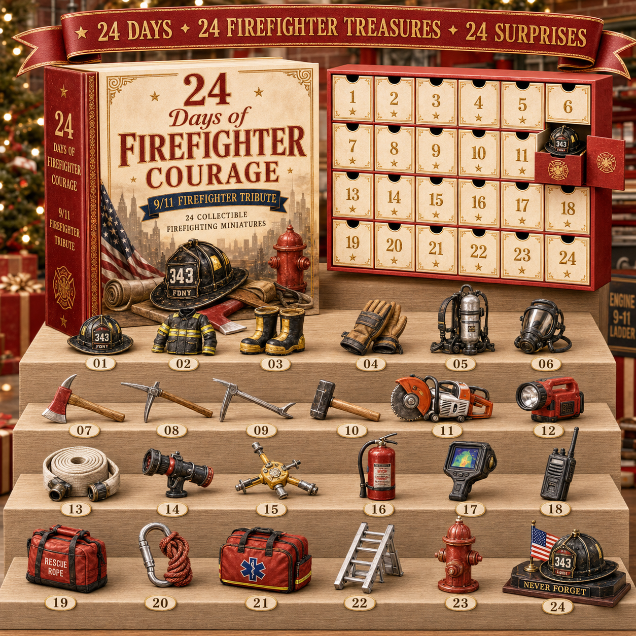 Complete 24-piece firefighter equipment miniature lineup