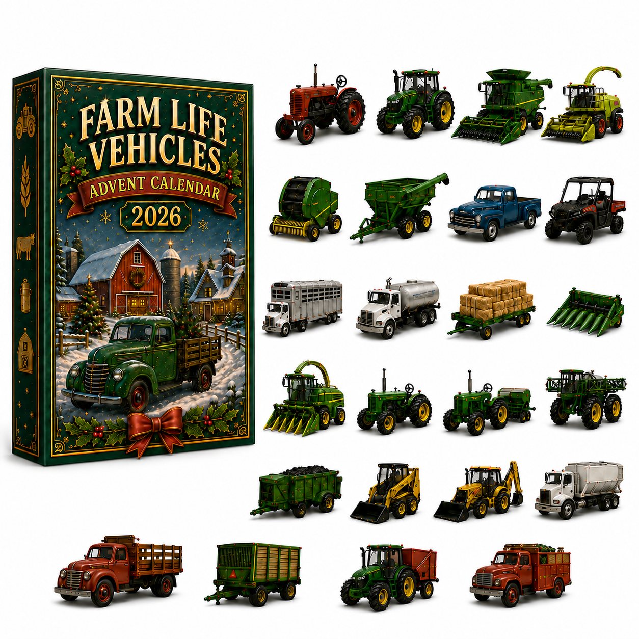 Farm Life Vehicles Advent Calendar and complete miniature vehicle collection on white background