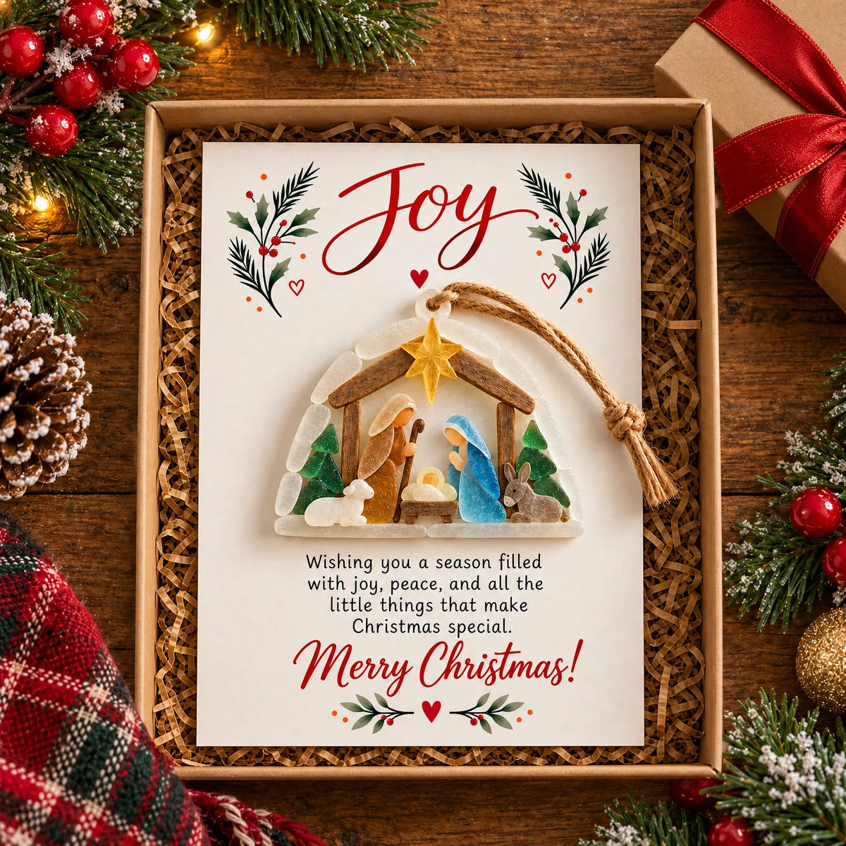 🔥Last Day 50% OFF- ✨ joy Nativity Sea Glass Christmas Ornament With Greeting Card