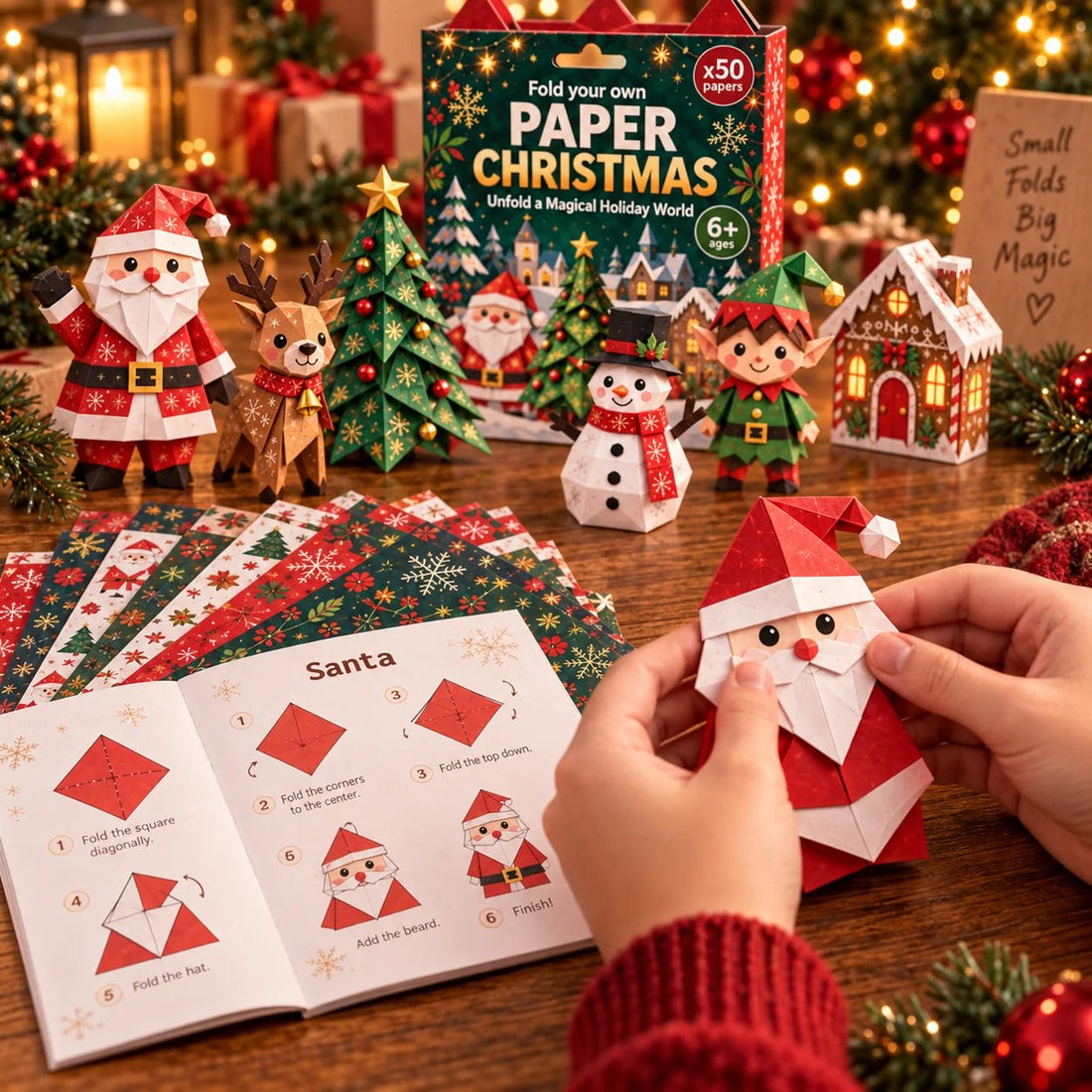 Hands folding 3D Christmas paper craft step by step