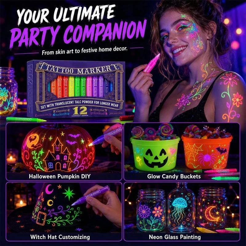 ✨ Neon Glow Body Art Pens – Colorful Party Tattoo Drawing Set