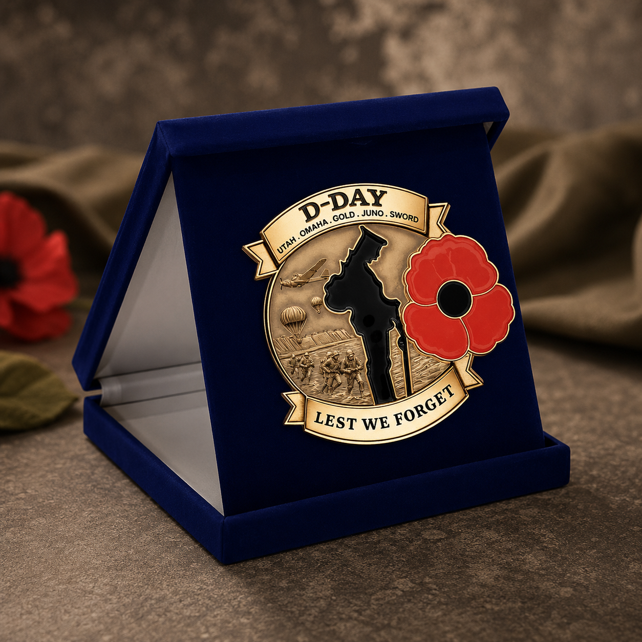 D-Day Lest We Forget commemorative brooch in velvet display box