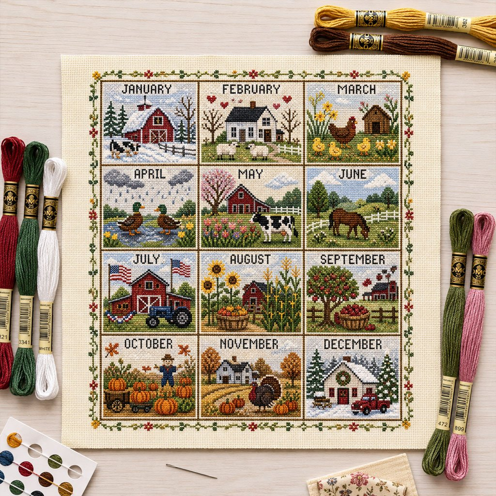 🧵 A Year in Stitches | 12-Month Seasonal Cross Stitch Kit 🌿