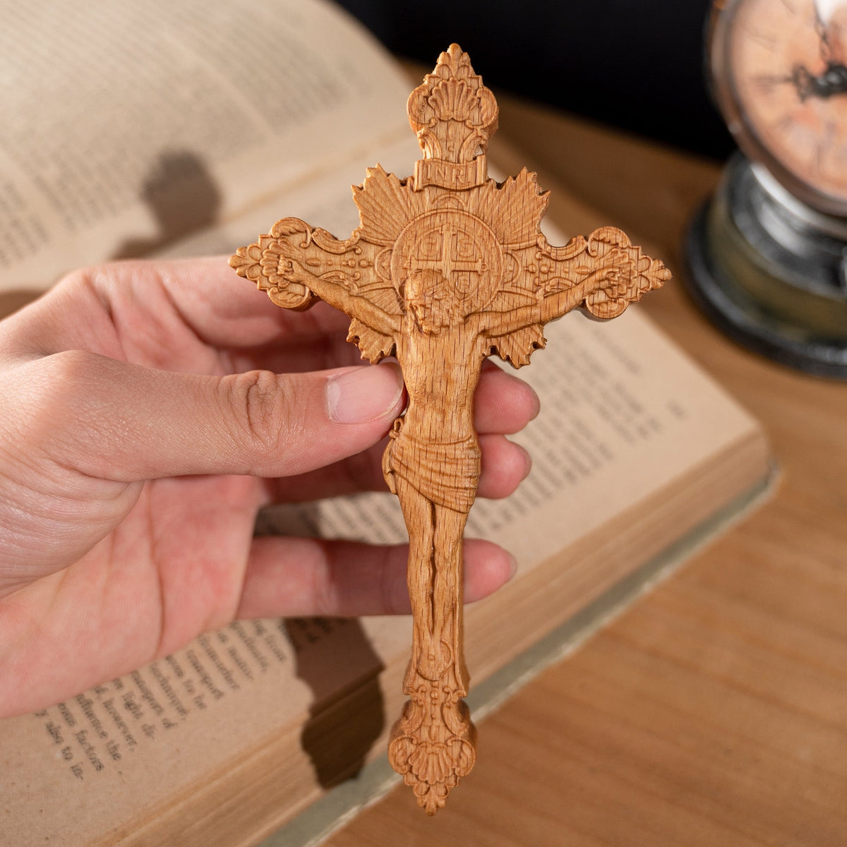 ✝️ St. Benedict Protection Crucifix – Hand-Carved Solid Wood Cross