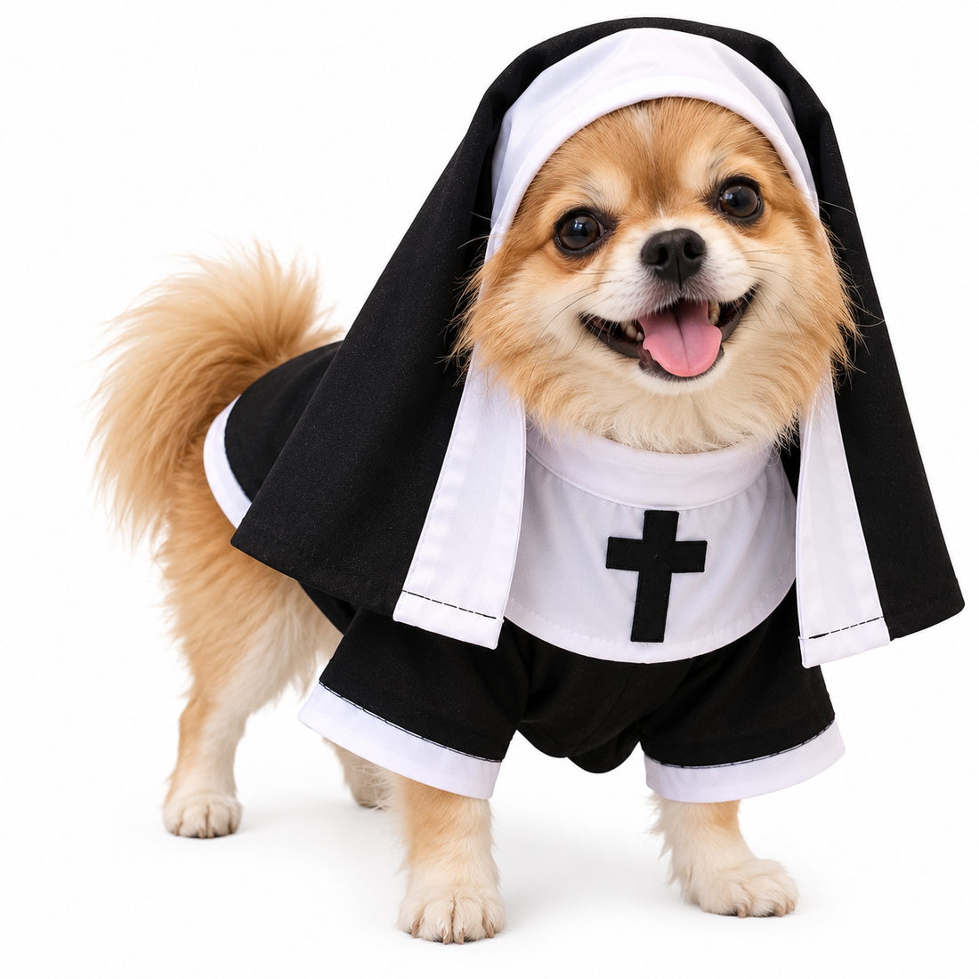 Small dog wearing pet nun Halloween costume
