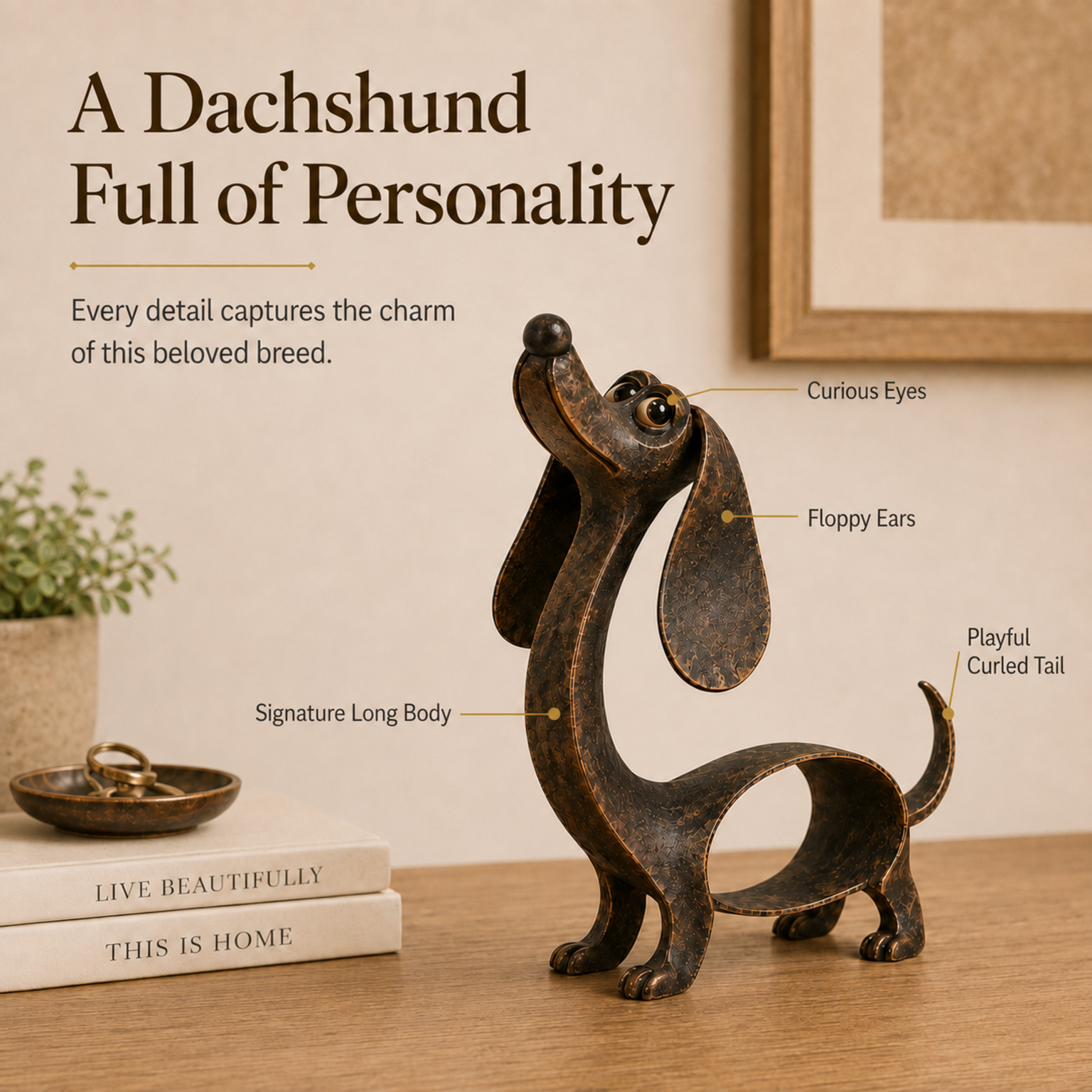 Raised head Dachshund bronze sculpture