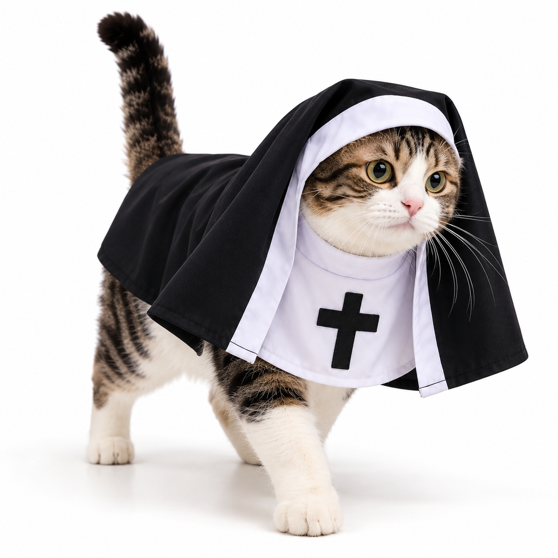 Cat wearing pet nun Halloween costume