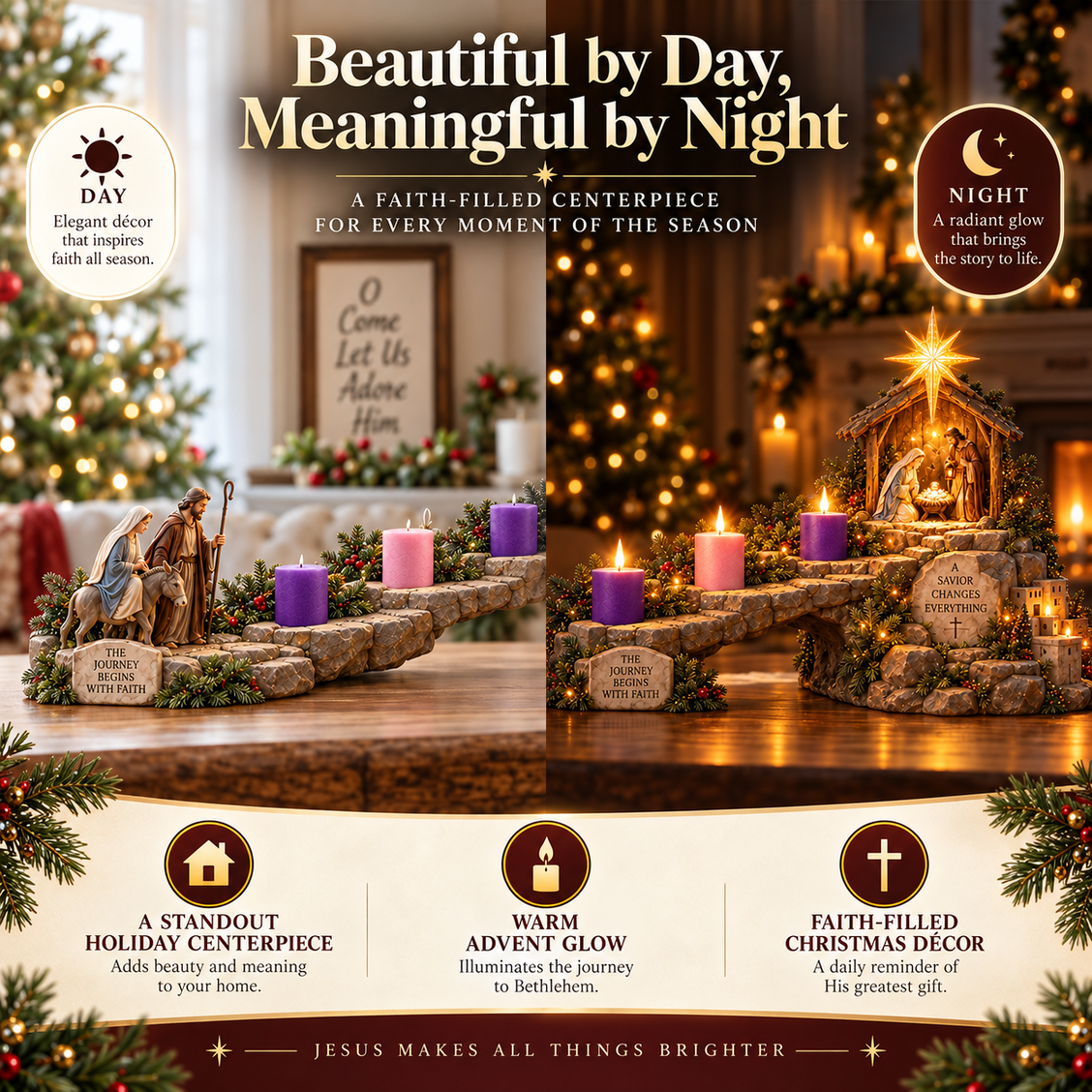 Advent centerpiece during day and night