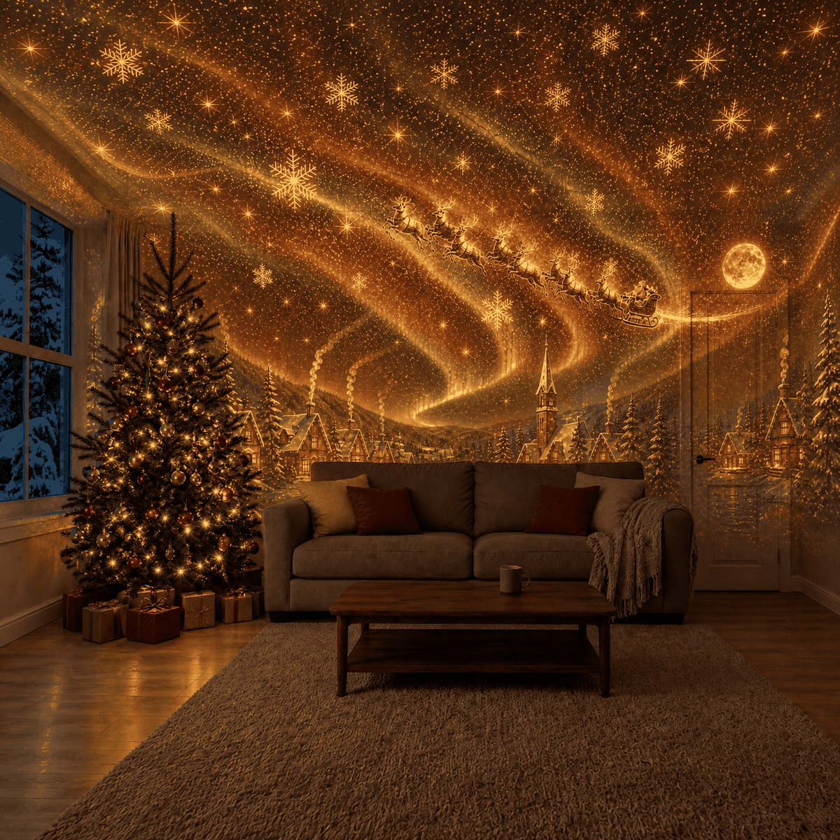 Christmas living room illuminated by NoelGlow projector