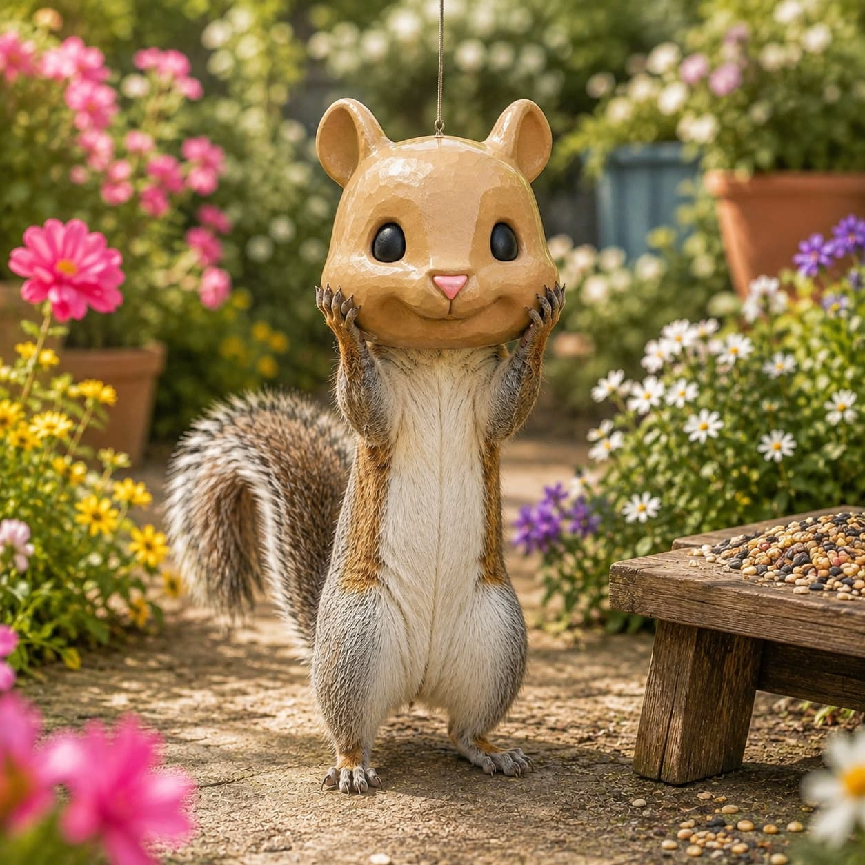 🐿️ Funny Squirrel Mask Feeder | Hanging Backyard Nut Feeder & Garden Decor