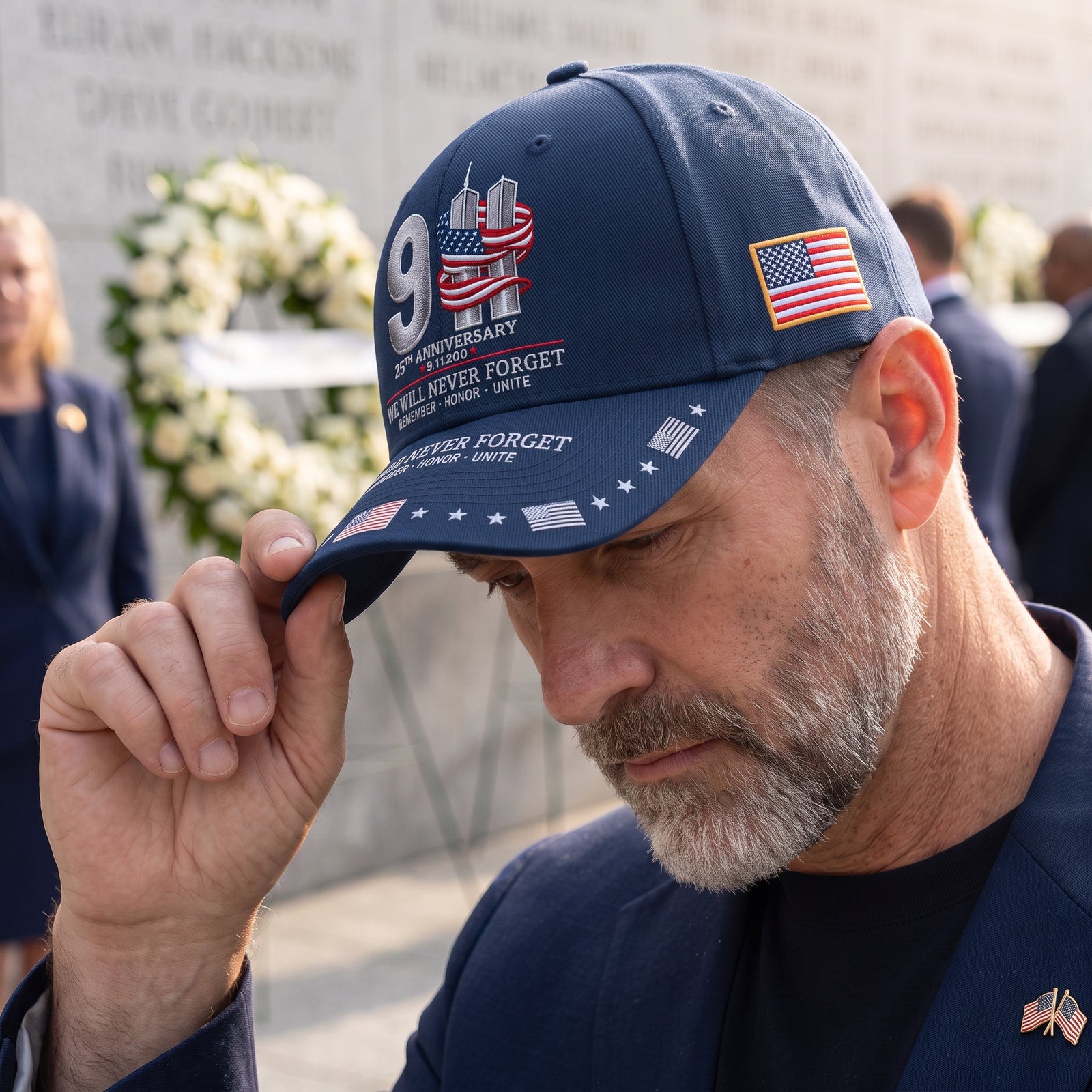 9/11 memorial cap worn at a remembrance setting