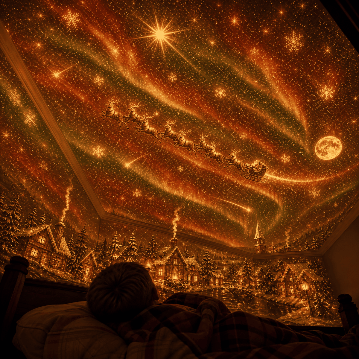 Child watching NoelGlow Christmas projection from bed