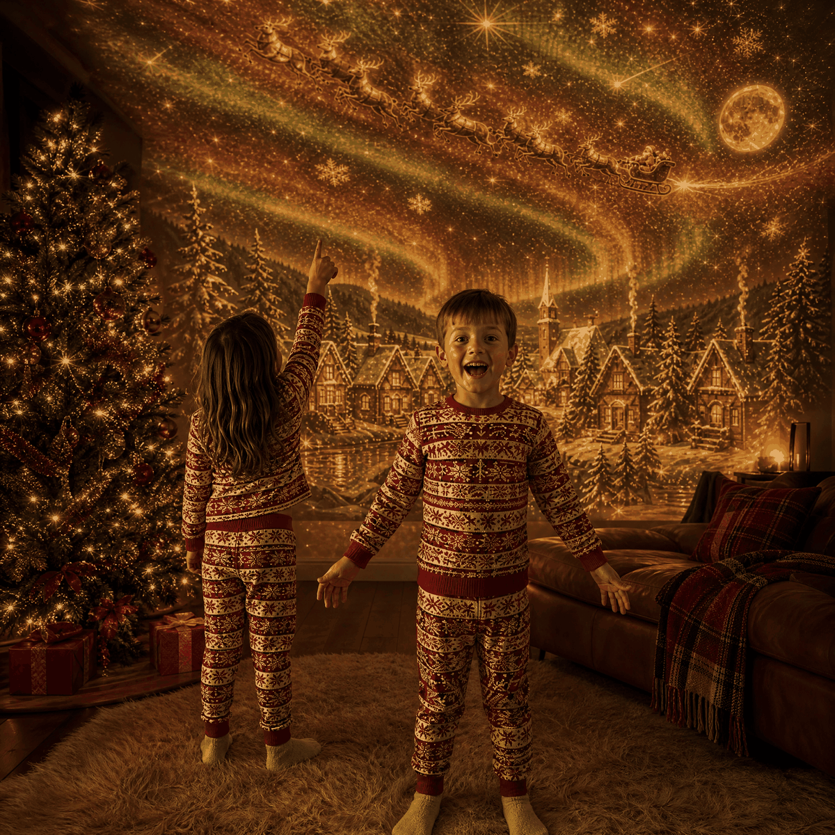 Children enjoying the NoelGlow Christmas projection