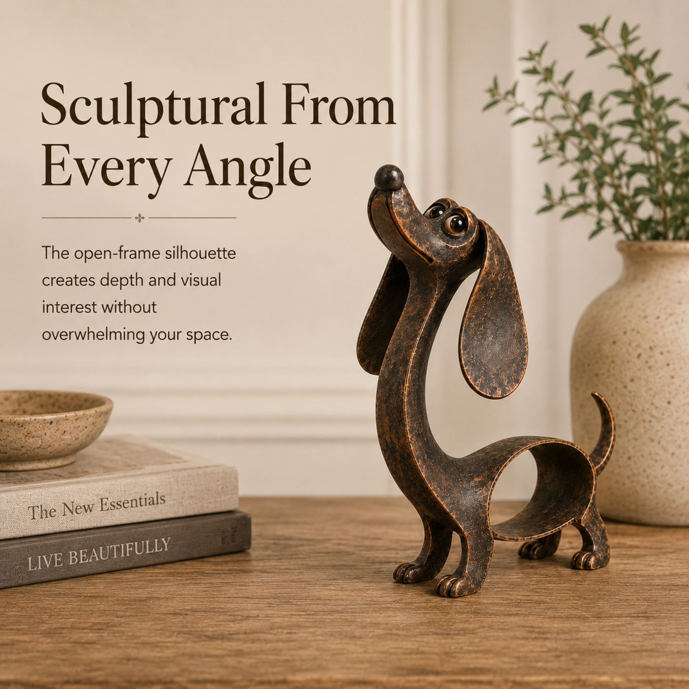 Open frame antique bronze Dachshund sculpture from side angle