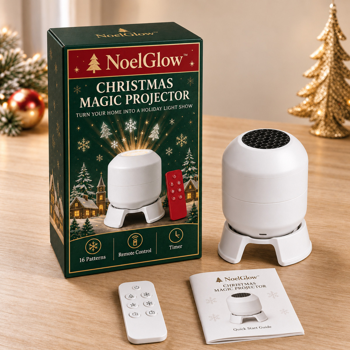 NoelGlow Christmas Magic Projector with branded gift-ready packaging remote and guide