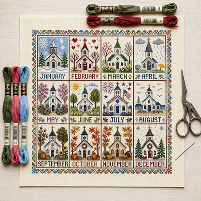 🧵 A Year in Stitches | 12-Month Seasonal Cross Stitch Kit 🌿