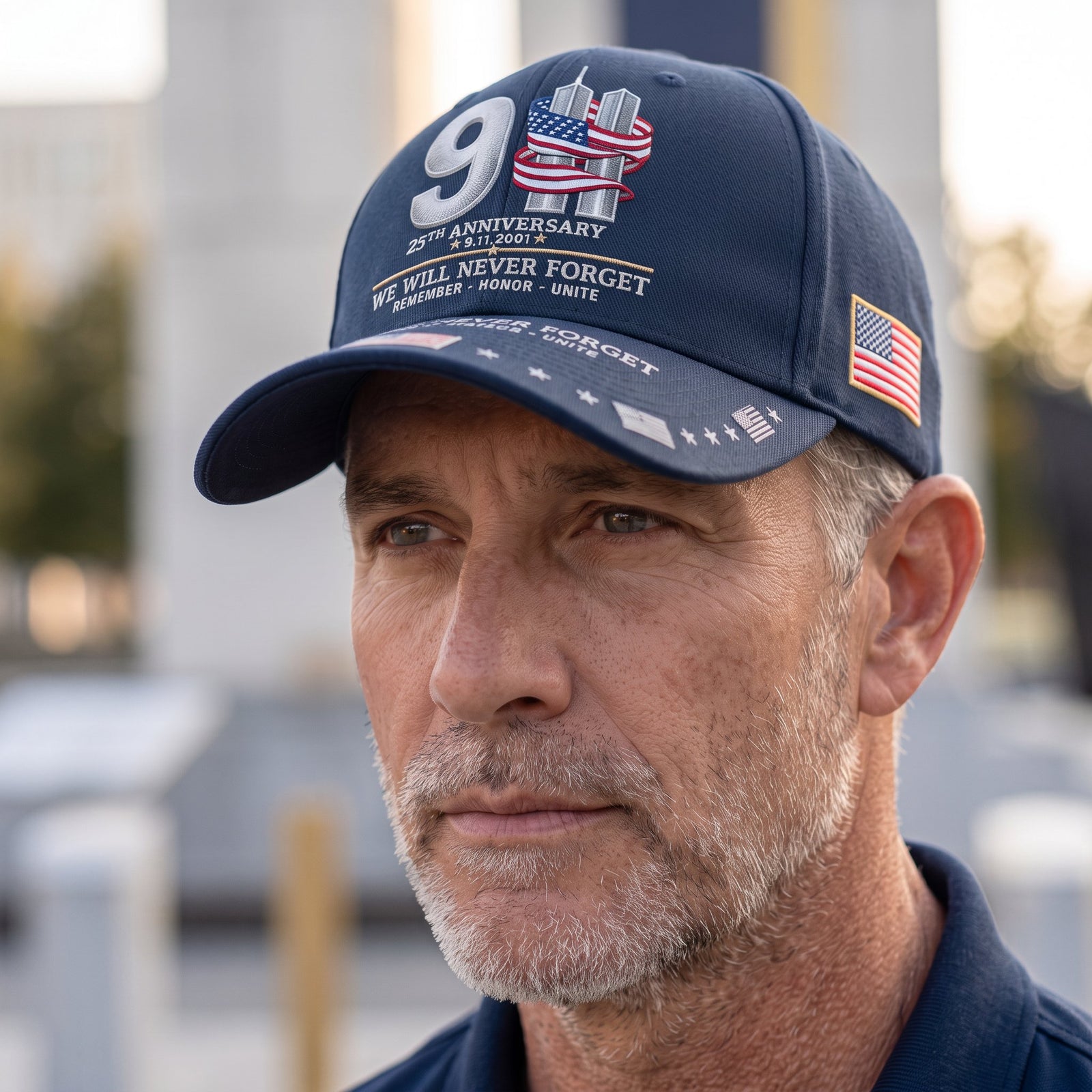 Man wearing navy 9/11 25th anniversary memorial cap