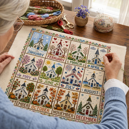 🧵 A Year in Stitches | 12-Month Seasonal Cross Stitch Kit 🌿