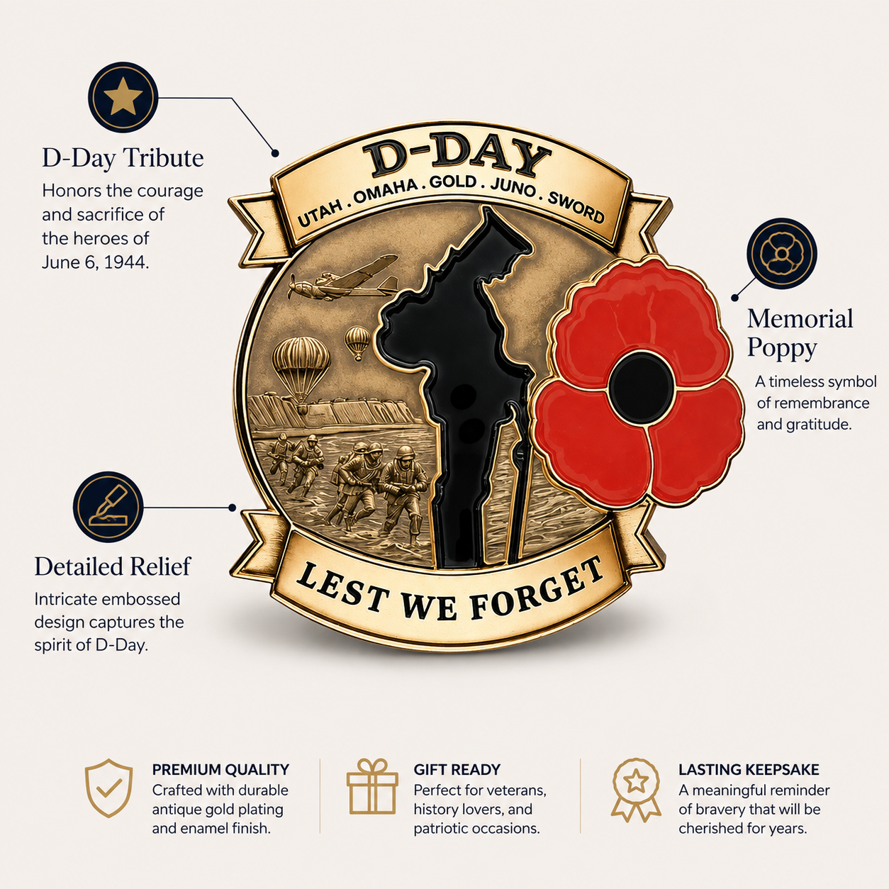 D-Day commemorative brooch symbolism and details