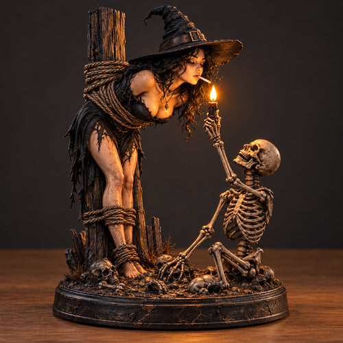 🧙 Witch & Skeleton Candle Scene Figurine – Dark Gothic Halloween Tabletop Decor