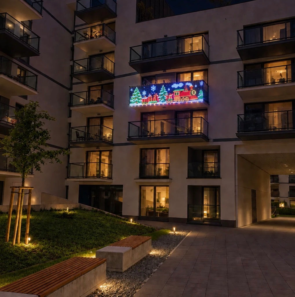 Christmas curtain lights visible from outside apartment