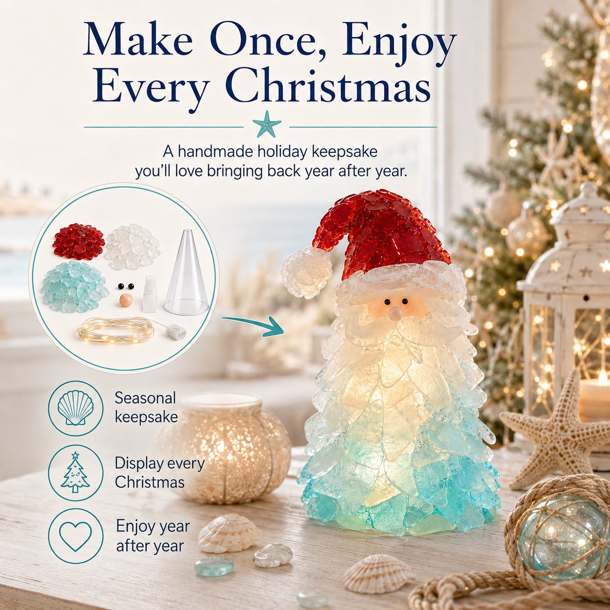 Handmade sea glass Santa Christmas keepsake displayed year after year