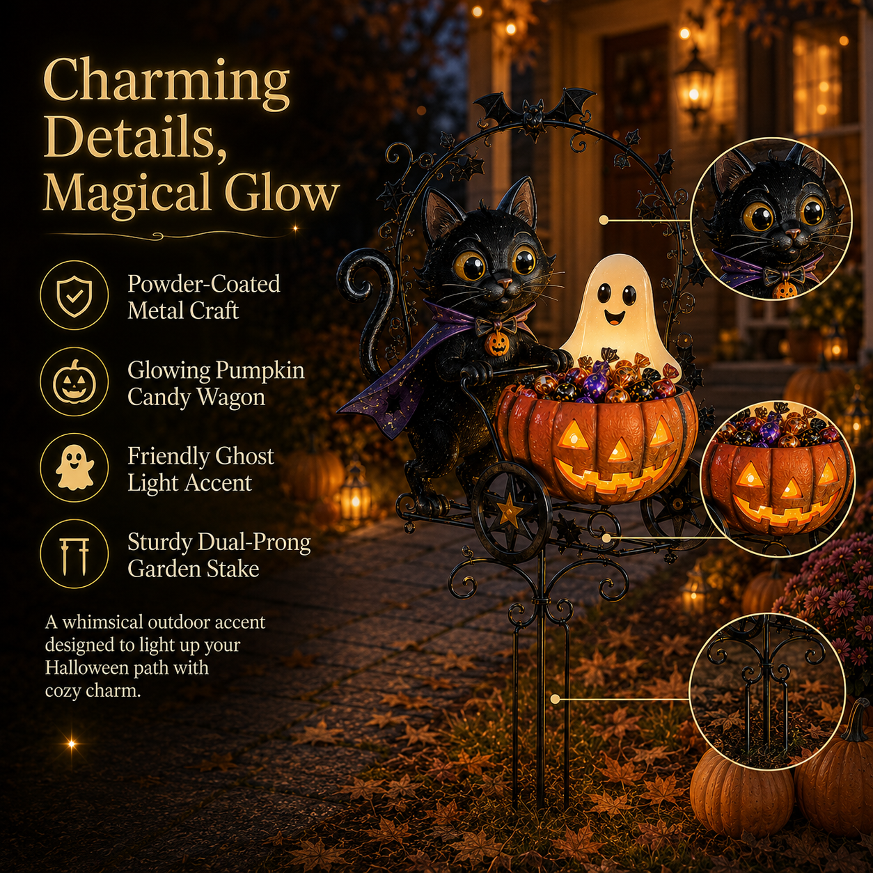 ✨🐈🎃 Halloween Black Cat Candy Wagon Garden Light 👻✨