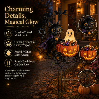 ✨🐈🎃 Halloween Black Cat Candy Wagon Garden Light 👻✨