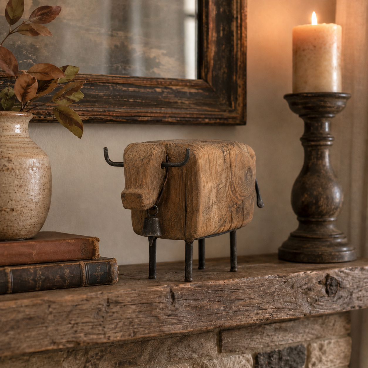 Vintage wooden cow figurine styled in a warm farmhouse interior