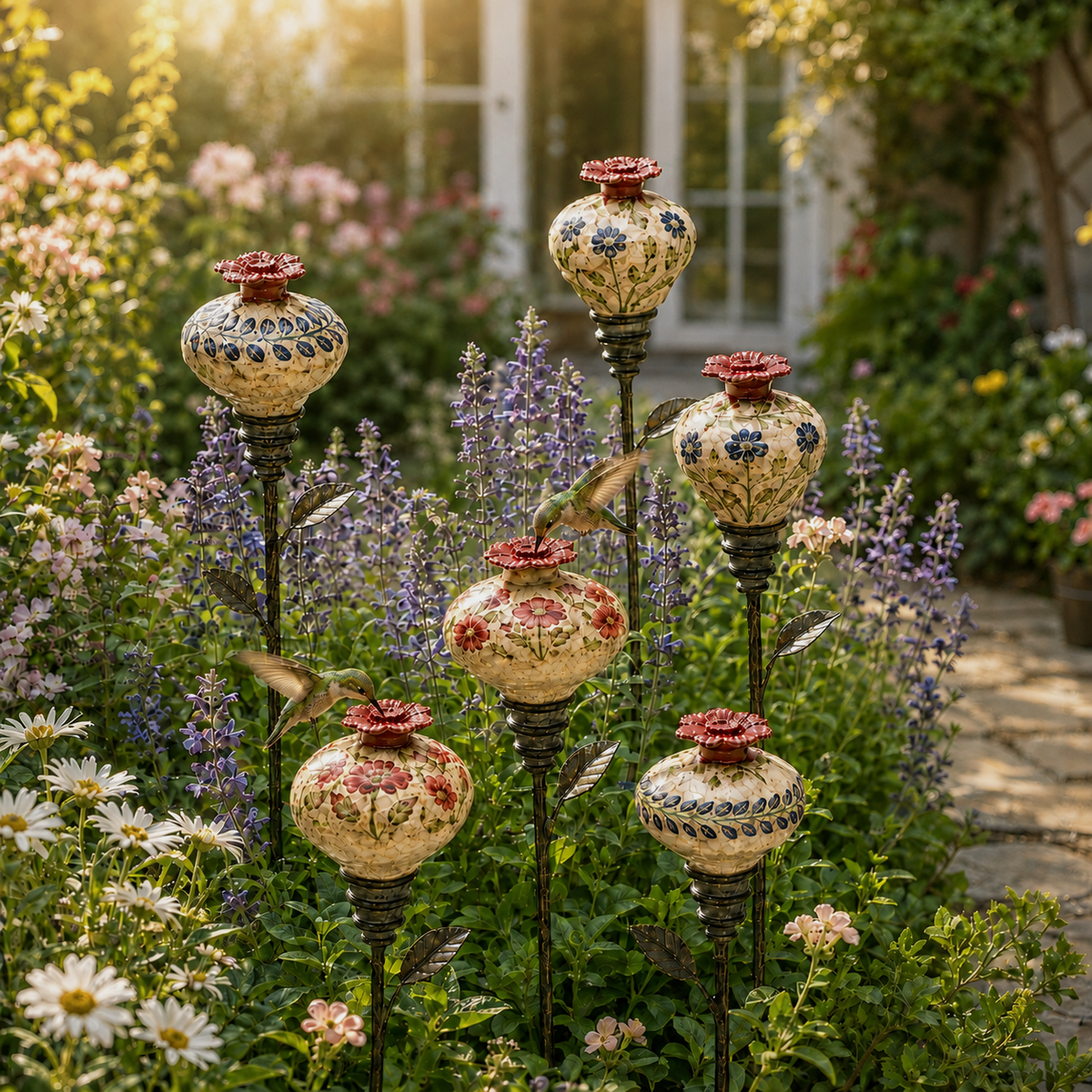 Vintage ceramic hummingbird feeders displayed as a collection