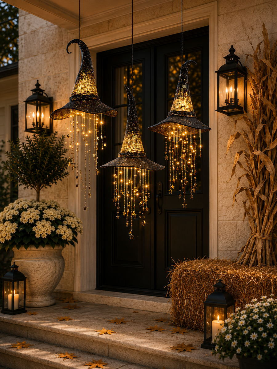 Lighted witch hats displayed above a front porch