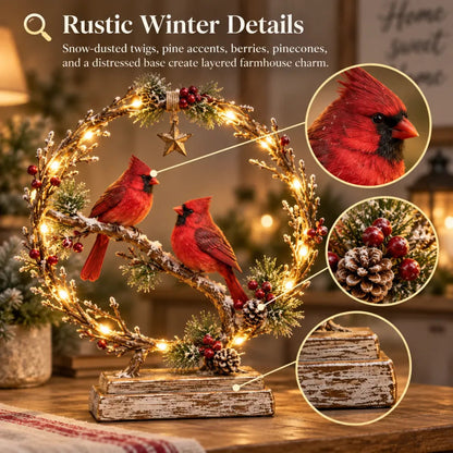 🔥🎁Lighted Cardinal Tabletop Decor, Rustic Red Cardinal Pair with Warm LED Lights