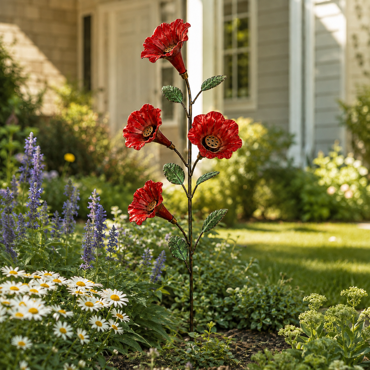 Vintage red flower hummingbird feeder garden stake in a flower bed