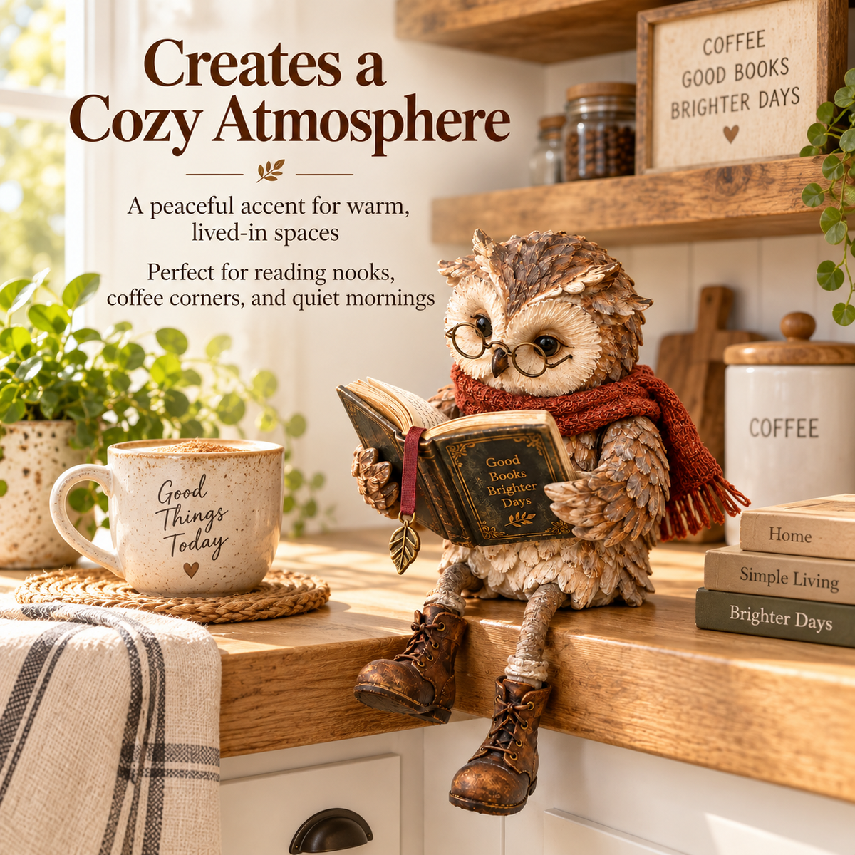 Reading Owl Figurine bookshelf scene