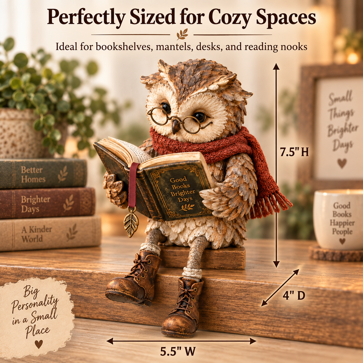 Reading Owl cozy book lover scene