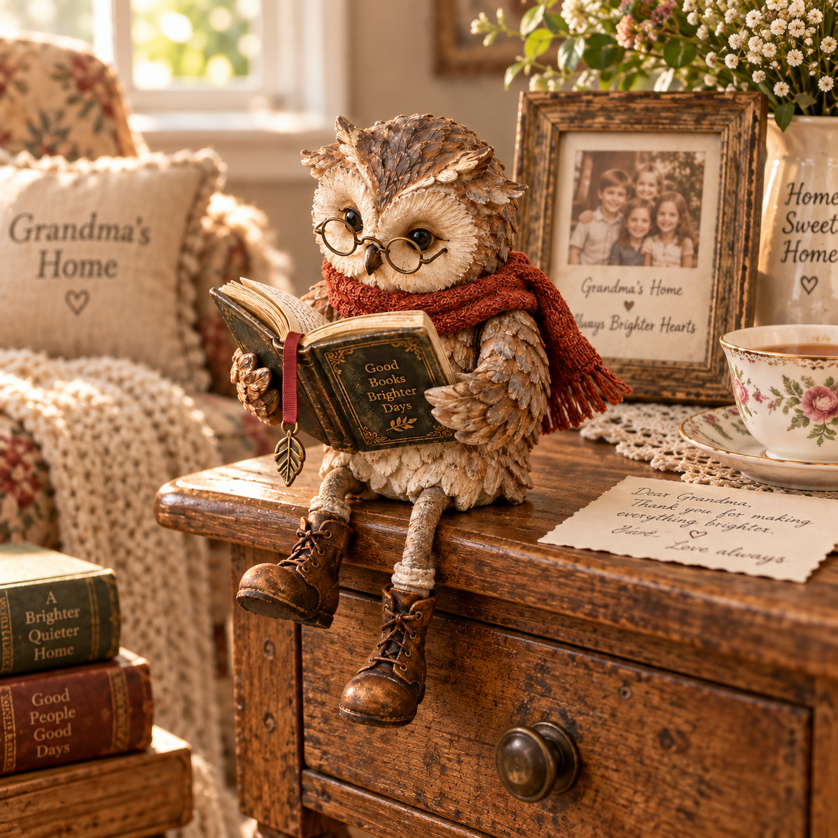 Reading Owl Figurine in reading nook