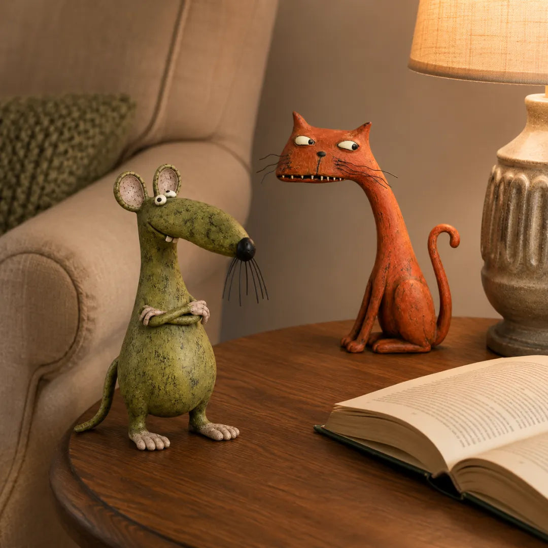 The Odd Couple™ Vintage Cat & Mouse Figurines – Quirky Rustic Home Decor