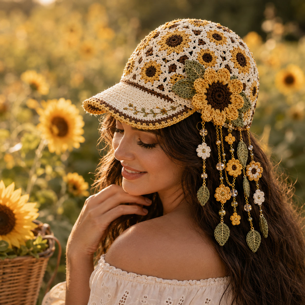 Woman wearing Sunflower Garden crochet cap