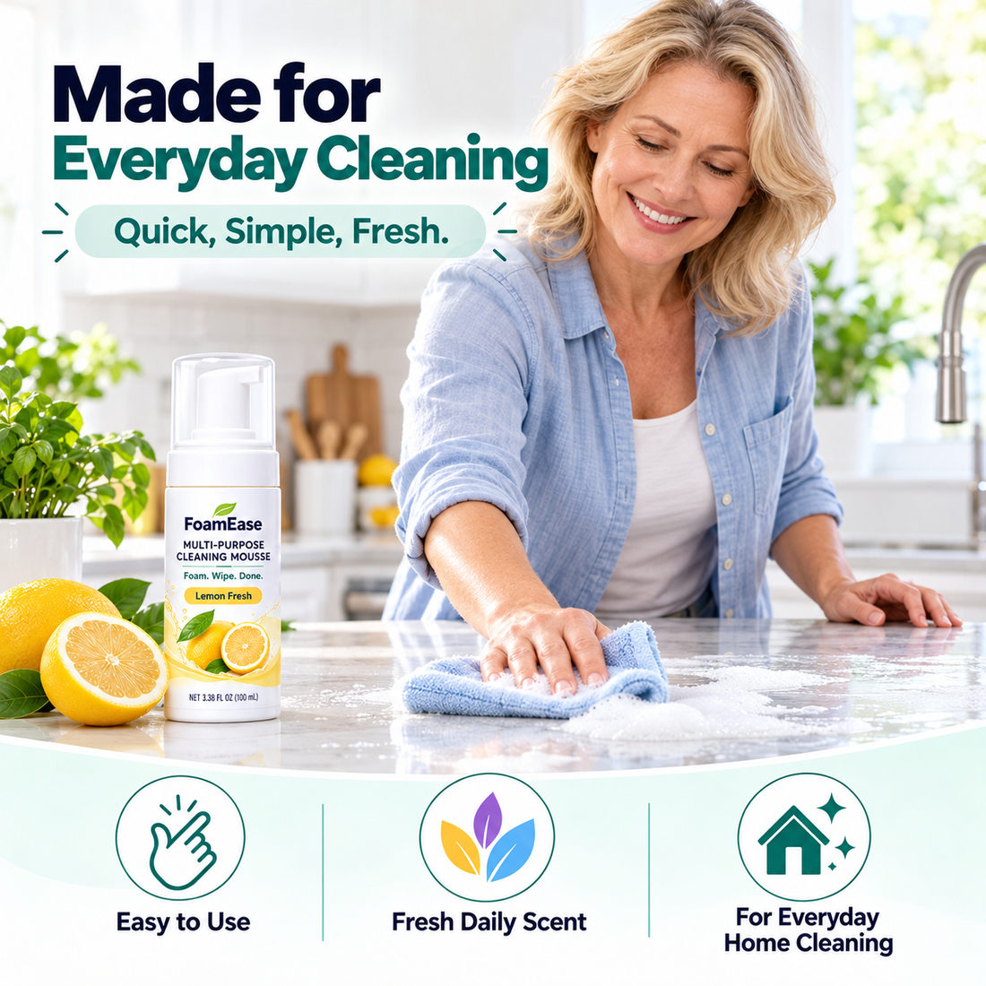 Woman using FoamEase Lemon Fresh for everyday kitchen countertop wipe down