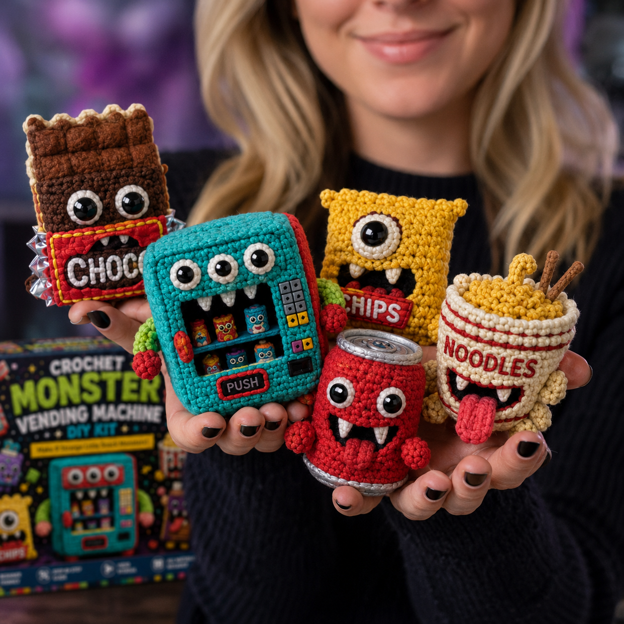 Finished Monster Vending Machine crochet characters