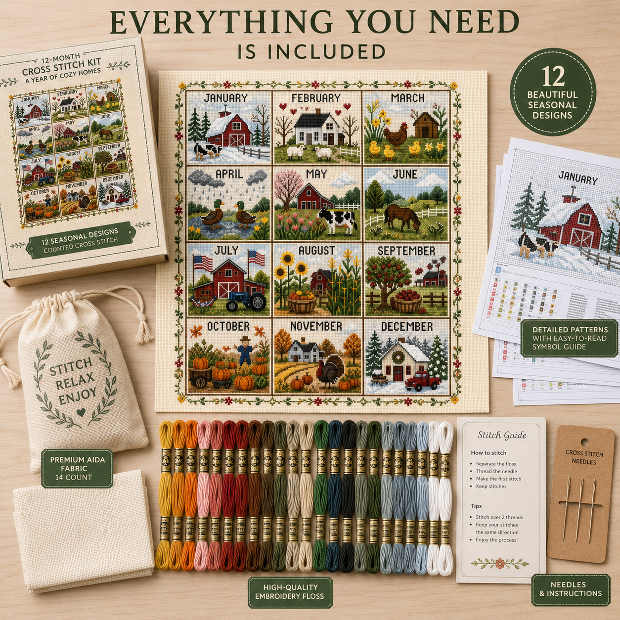 🧵 A Year in Stitches | 12-Month Seasonal Cross Stitch Kit 🌿