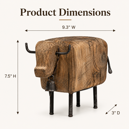 Vintage Wooden Cow Figurine with Metal Bell