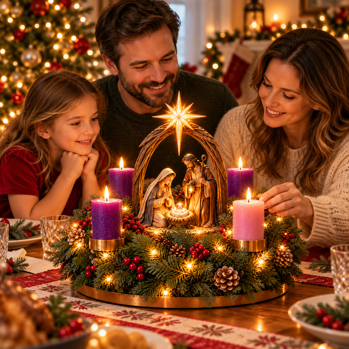 Family gathering around an Advent centerpiece