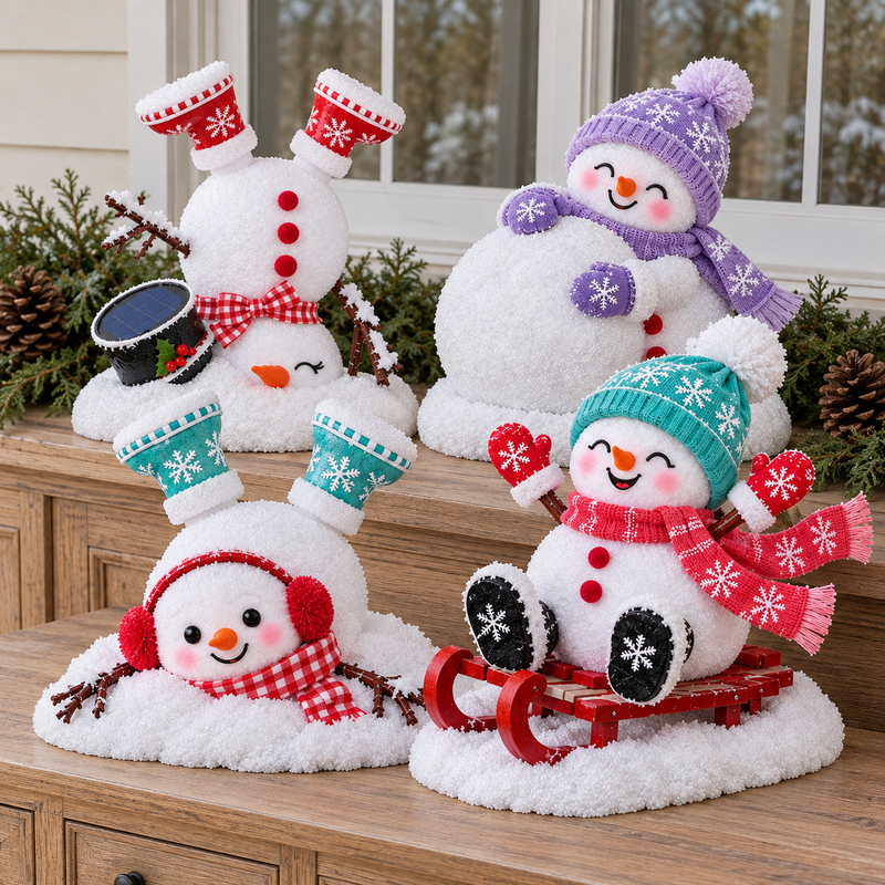 All four Christmas snowmen displayed by a house window in daytime, showing their white snowy finish and colorful hats, scarves and boots